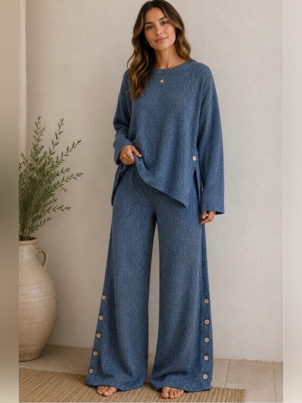 NWT Free People Free-Est blue button-trim knit pants and sweater set